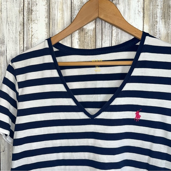Polo Ralph Lauren Navy & White Stripe Women’s V Neck Tee XL - Picture 3 of 5